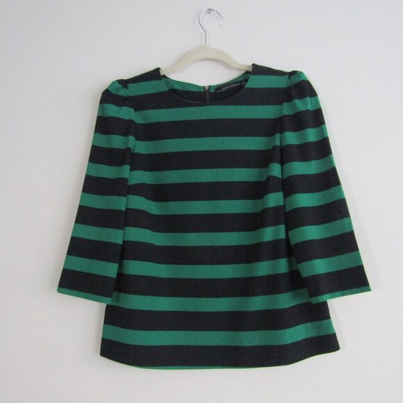 Zara Striped Top Small Green Navy Blue Business Casual Office Preppy - Picture 1 of 10